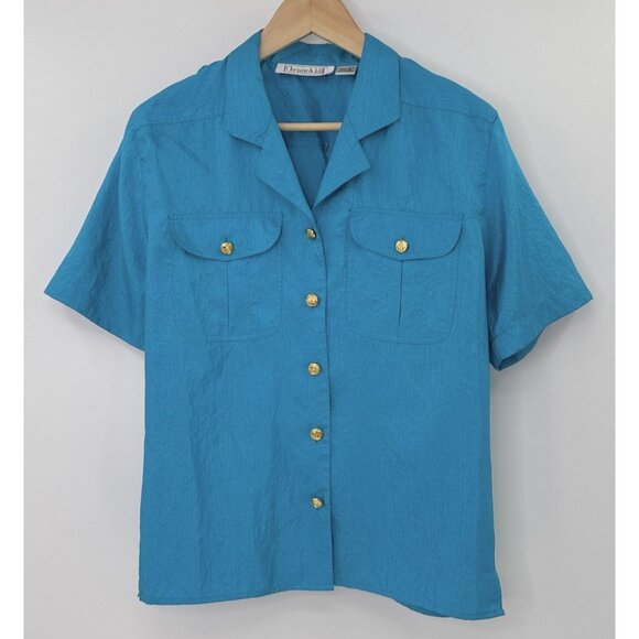 Christie & Jill Bright Blue Gold Nautical Button Up Shirt Blouse Blouse Sz 6 - Picture 1 of 8